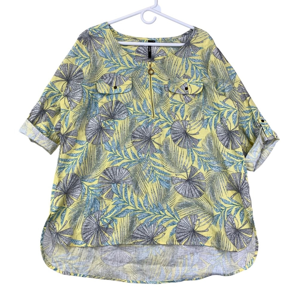 Cathy Linen Blouse Womens XL Blue Yellow Tropical Leaf Print Beach Lagenlook